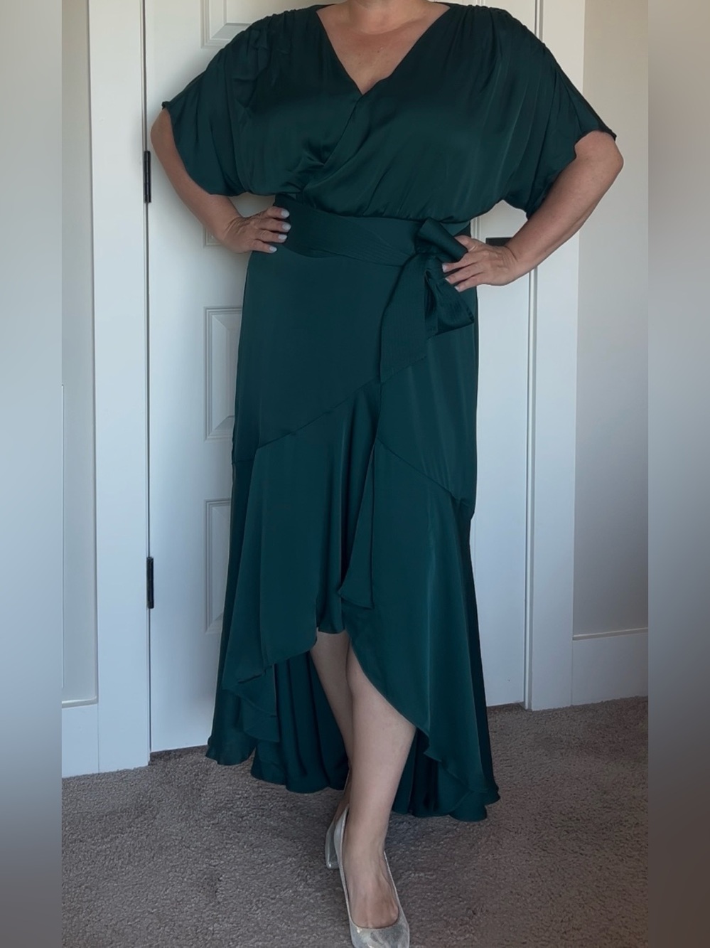 Express- Dark Teal High-Low Faux Wrap Dress